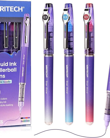 WRITECH Liquid Ink Rollerball Pens: 0.5mm Assorted Color Ink Fine Point Tip Rolling Roller Ball Pen Multicolor No Bleed & Smudge for Journaling Smooth Writing Drawing 4ct