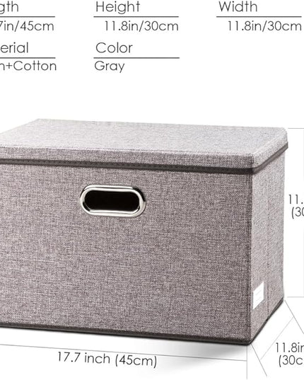 PRANDOM Large Collapsible Storage Bins with Lids [3-Pack] Linen/Cotton Blend Foldable Storage Boxes Organizer Containers Baskets Cube with Cover for Home Bedroom Closet Office Nursery(17.7x11.8x11.8)
