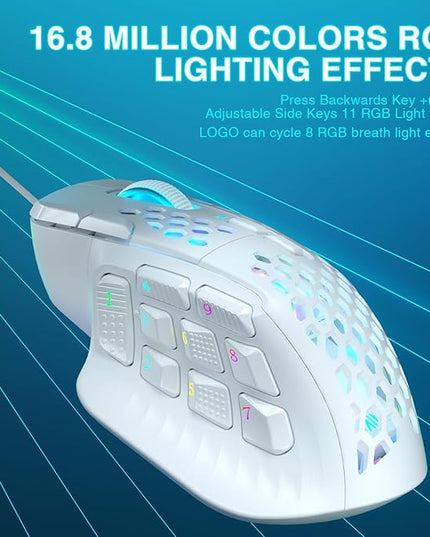 SOLAKAKA SM809 Gaming Mouse for MMO,24000 DPI,16 Programmable,RGB PC Gaming Mice,White