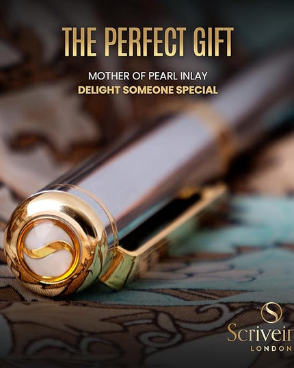 Scriveiner Silver Chrome Fountain Pen - Stunning Luxury Pen, Real Gold Finish Schmidt Gilded Nib (Medium), Best Pen Gift Set for Men & Women, Professional, Executive Office, Nice Pens