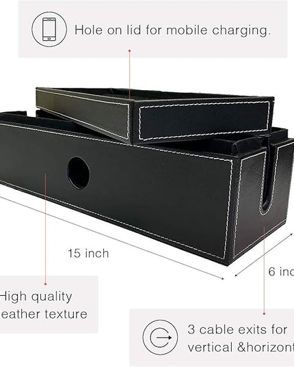 NEET Cable Management Box Large, Computer Cord Organizer, Hide and Conceal, Power Cable Organizer, Computers and Desks, Black Stitched Leather
