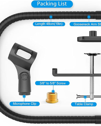 ZealSound Microphone Arm Stand,19 Inch Long Universal Gooseneck Desktop Mic Stand with 3/8" to 5/8" Adapter and Microphone Clip Holder, Upgraded Heavy Duty Desk Clamp for Blue Snowball Ice Mics Spark