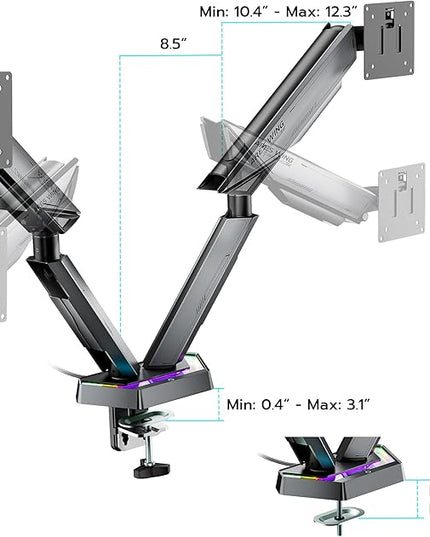 ARES WING RGB Dual Monitor Arm for 17-38" Ultrawide Screens, Holds 35.2lbs, Heavy Duty Dual Monitor Stand for Desk, Adjustable Double Mount with Clamp & Grommet Base, 75/100 VESA Mount, Gray