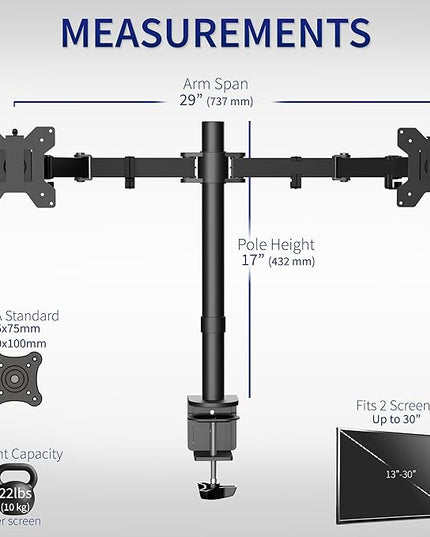 VIVO Dual Monitor Desk Mount, Holds 2 Computer Screens up to 30 inches and 22lbs Each, Heavy Duty Fully Adjustable Steel Stand with C-Clamp and Grommet, Black, STAND-V002