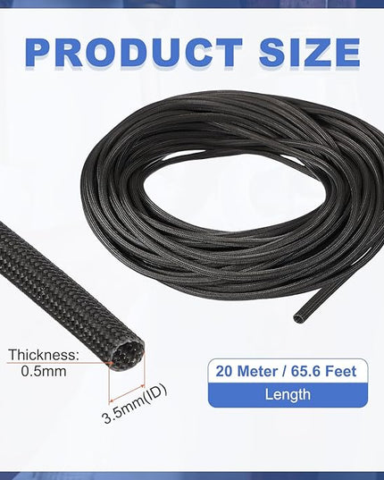 uxcell Insulation Cable Protector,3.5mm/0.14 Inch-20m/66 Feet High Temp Fiberglass Sleeve Black