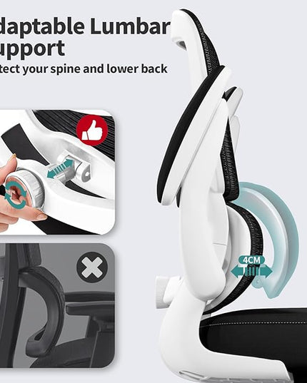 TRALT Office Chair - Ergonomic Desk Chair with Adjustable Lumbar Support, Mesh Computer Chair, Executive Chairs for Home Office Comfortable Lumbar Support (White+Black)