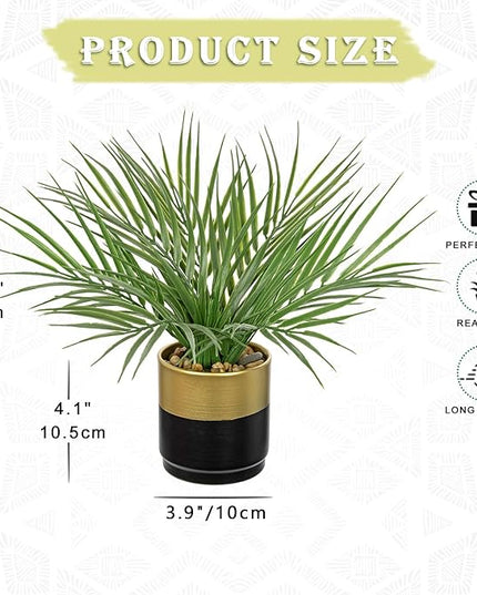 Hollyone Large Artificial Potted Plants Fake Palm Plants 13" Faux Tropical Palm Plant Tree in Gold and Black Metal Pots for Home Room Office House Indoor Decoration
