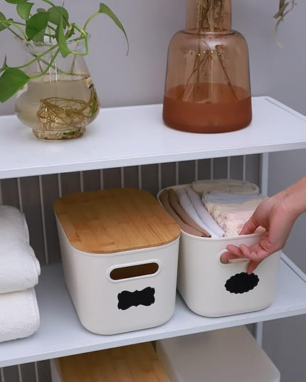 Citylife 2 PCS Storage Bins with Bamboo Lids Plastic Storage Containers for Organizing Stackable Storage Box with Handle, 10.23 x 7.08 x 6.3 inch
