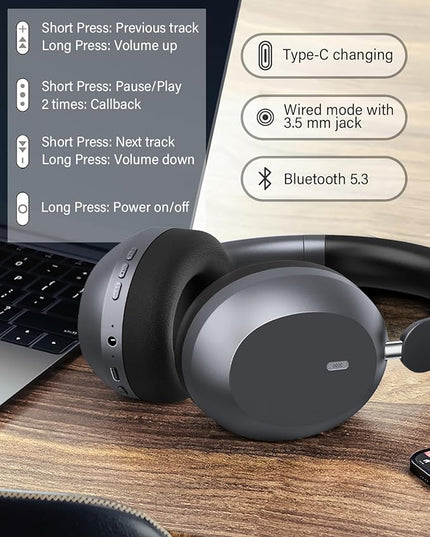 Wentronic Y05 Bluetooth Headphones Wireless Over Ear Noise Cancelling with Microphone 48 Hours Playtime, High Sound Quality Foldable Soft Earpads Headphones for Travel-Space Grey