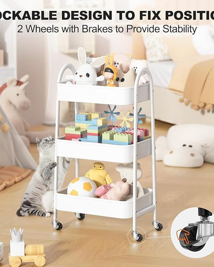 EAGMAK 3 Tier Rolling Cart Under Desk, Large Metal Storage Cart with Handle and Lockable Wheels, Big Multifunctional Storage Organizer Trolley for Kitchen, Living Room, Office, Garage (White)