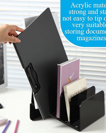Chunful Acrylic Desk Organizer, 5 Section Desk File Holder Sorter Stand Rack Vertical Organizer Desktop Vinyl Storage Display for Record Album Book Magazine Document Home Office(Black)