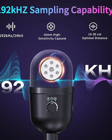 USB Microphone for PC - Computer Gaming Mic with RGB Lighting for PS 4&5,Dual Audio Mixing,Mute,Headphone Output,192KHz/24Bit Hi-Fi Condenser Microphone for Streaming,Singing,Podcast Recording