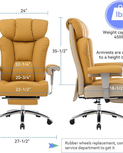 Efomao Big and Tall Green Office Chair 450LBS – Ergonomic High-Back Executive Chair with Footrest, Adjustable Padded Armrests, PU Leather Computer Chair with Lumbar Support for Home or Office, Yellow