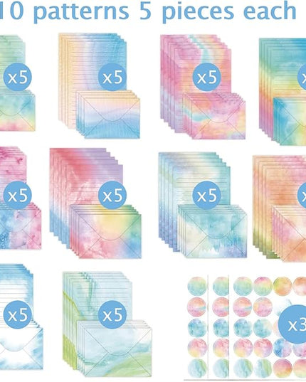 160 Pcs Stationery Paper Envelopes Set Includes 50 Lined Writing Paper & 50 Envelopes with 60 Colorful Round Dot Stickers, Cute Vintage Watercolor Letter Writing Stationery Paper Envelopes(10Style)
