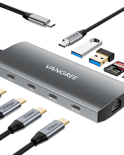 USB C Hub with Dual 4K@60Hz Displayports, 2 USB-A & 2 USBC 3.2 10Gbps Ports, 1Gbps Ethernet, 100W PD, SD/TF, USB C Splitter Docking Station for MacBook Pro/Air, iMac, iPad Pro, XPS, Thinkpad, Surface