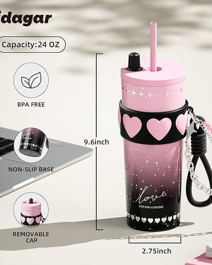 24 oz Stainless Steel Tumbler with Lid and Straw, Insulated Coffee Mug, Leak Proof, Portable Iced Travel Water Bottle, Reusable Thermal Coffee Cup Gift for Women, Pink