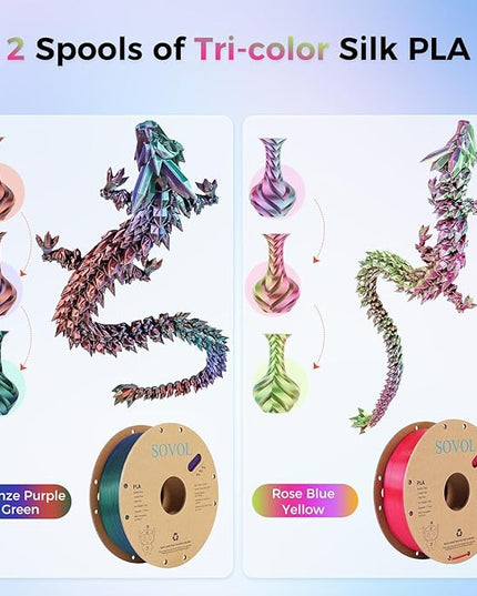 Sovol Silk PLA Filament 6KG Kit, Silk Tri Color & Dual Color Co-Extrusion PLA Materials, Shiny Multicolored Fast Change Rainbow 3D Printer Filament, 1.75mm 1kg/ 2.2lbs +/-0.03mm
