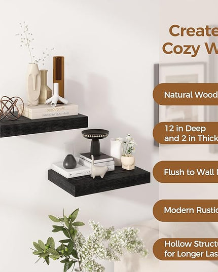 12 Inch Deep Black Floating Shelves, 16 x 12 Floating Shelf for Books, Rustic Wood Deep Wall Shelves for Home Storage & Display, 2" Thicked Shelves for Kitchen, Living Room, Bedroom, 2 Pack