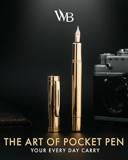 Wordsworth and Black Fountain Pen Mini EDC: Luxury Gold Heavy Pocket Pen, Gold Finish, Medium Nib, 6 Ink Cartridges, Ink Converter, Travel Refillable Writing Pen Gift Set, Men & Women