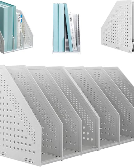 SAYEEC 2Pcs Collapsible Plastic Magazine File Holder Vertical Binder Storage Organizer for Desk Sturdy Upright Desktop Magazine Organizer Folder Rack for Office School Home (3 Compartments, Gray)