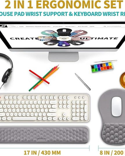 Hokafenle 2 In 1 Ergonomic Mouse Pad Wrist Support & Wrist Rest For Computer Keyboard Set, with Relieve Carpal Tunnel Pain Massage Bulge and Full Memory Gel Design (2In1 Set,Neutral Gray Light Purple)