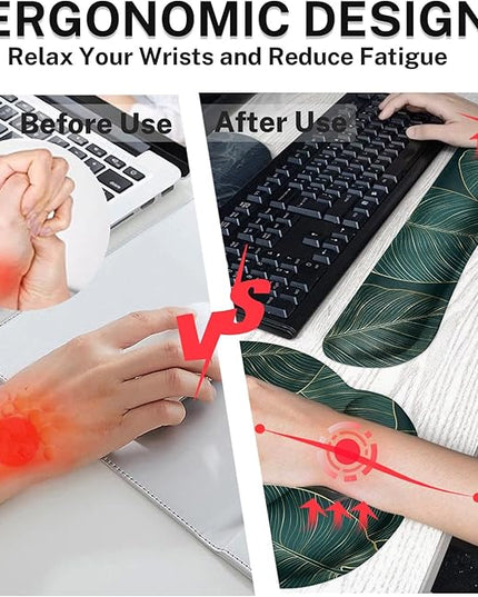 Britimes Ergonomic Mouse Pad Set with Wrist Rest Green Palm Leaves Non-Slip Rubber Base Wrist Cushion Support and Coasters Mousepad with Wrist Support for Computer Keyboard and Desk