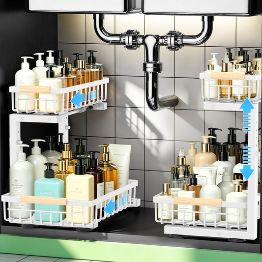 GeeBom Under Sink Organizer 2 Pack, Double Slide Out Metal Shelf, White