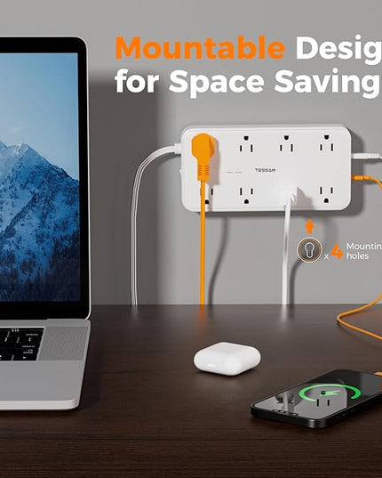 Power Strip with Surge Protection, TESSAN Flat Plug Extension Cord with 8 Outlets 3 USB Ports(1 USB C), 1080 Joules, 6 Ft, Wall-Mounted Charging Station for Apartment Office Dorm Room Essentials