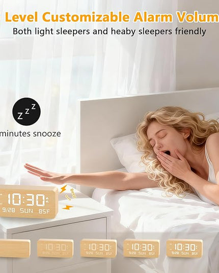 Fomobest Wooden Digital Alarm Clock for Bedroom -Desk Clock with Date, Day of Week, Temperature, Dual Alarms, Dimmer, USB Port Charge, DST, Adjustable Volume for Living Room/Office Wood Decor (Bamboo)
