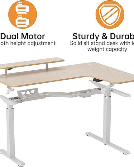 EUREKA ERGONOMIC Standing Desk Adjustable Height 61" Electric Sit Stand Computer Desk L Shaped with Keyboard Tray,Monitor Stand &LED, Dual Motor Memory Presets Sit to Desk Adjustable Desk, Right/Maple