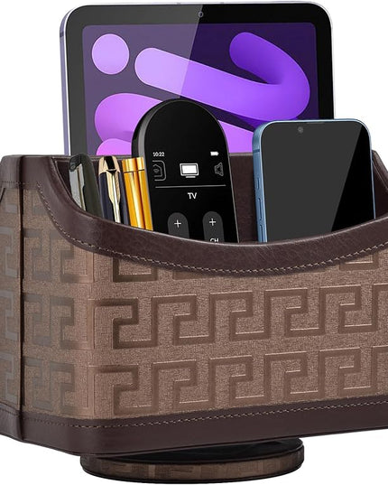 RHCSZ Leather Remote Control Holder 360°Rotatable,Bedside Nightstand Phone Caddy,Office Supplies Storage Box,Desk Organizer for TV Remote Controllers,CD,Pen,Mail,Media Player,Tablets(Coffee Gold)