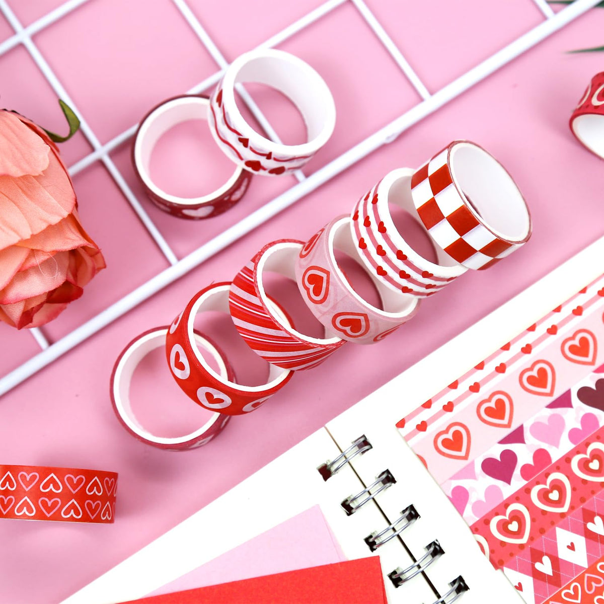 NIKOMIE 12 Rolls Love Heart Washi Tape Set, Pink Red Decorative Tape Valentine Stripe Dots Masking Tape for Journaling Supplies,Wedding Party,Junk Journal, Scrapbooking, Planner, DIY Arts & Crafts