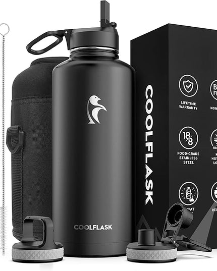 Insulated Water Bottle 87 oz with Straw, Coolflask 2/3 Gallon Stainless Steel Metal 3 Lids Large Water Jug for Sports or Office, Non-BPA Keep Cold Up to 48 Hrs or Hot Up to 24 Hrs, Magic Black