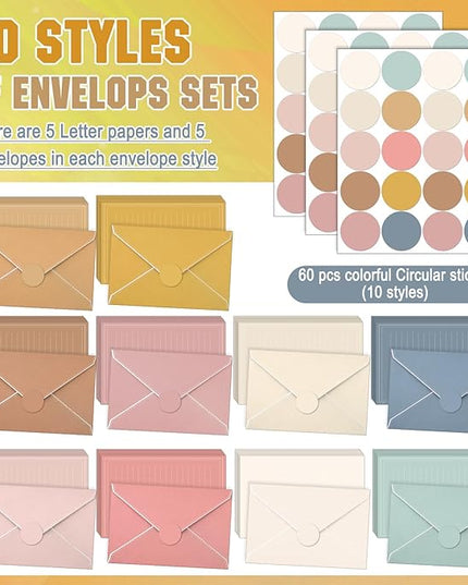 TaoBary 160 Packs Stationery Paper Set (50 Double Sided Stationery Writing Papers 50 Matching Envelopes) 60 Round Dot Sticker, 10 Design (5.5 x 8.25 Inch,Boho Color)