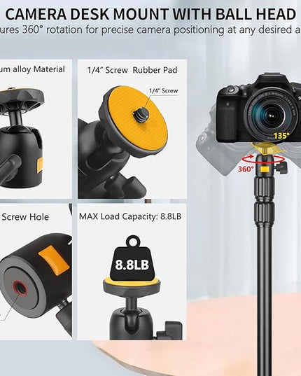Camera Desk Mount Table Stand with Ball Head, Adjustable Light Stand with 1/4" Screw & C Clamp for DSLR Camera, Ring Light, Live Streaming, Photo Video Shooting