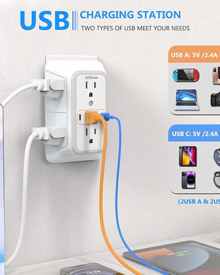 3 Pack Surge Protector Outlet Extender, 6 Outlet Splitter with 4 USB Ports (2 USB C), Multi Plug Wall Outlet 1050J Power Strip, USB Wall Charger for Home Office Kitchen Travel