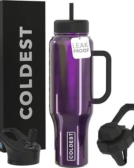 Coldest Tumbler with Handle and Straw, 100% Leak Proof Insulated Tumbler with Lid and Straw (3 Lids), Stainless Steel Tumblers for Women & Men, Cup Holder Friendly, 46 oz (Purple Iridescence)