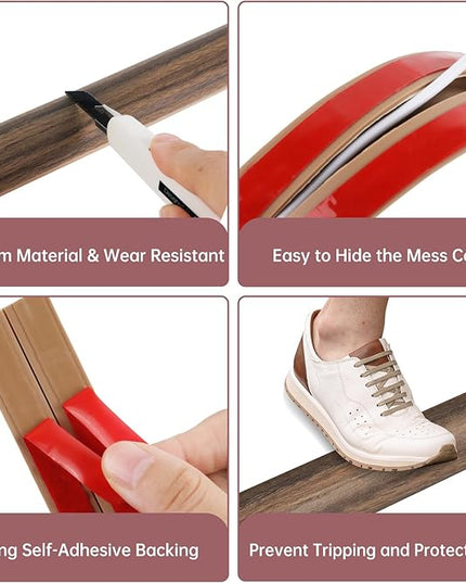 Floor Cord Cover Self Adhesive Cord Hider Floor Extension Cord Covers for Floor Power Cord Protector Cable Management Prevent Cable Trips Cable Cavity 0.51" W x 0.31" H (Smoked Brown Wood, 3.3Ft)