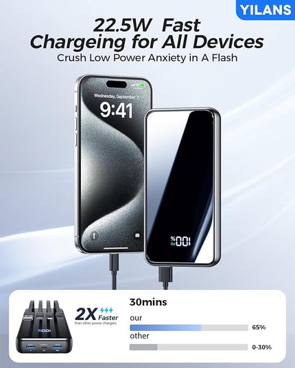 Portable Charger,50000mAh Power Bank Built-in Cable, 22.5W USB C In & Out Fast Charging, External Battery Pack with 6 Output & 2 Input, Travel Phone Charger for iPhone 17/16/15/14/13/12, Android