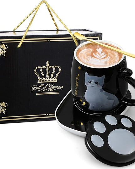 Honeydak Coffee Mug Warmer Cute Cat Mug Set Cup Warmer for Women Heated Coffee Warmers for Mom Home Office Desk Valentine's Day Anniversary Birthday Gifts(Cat,Black)