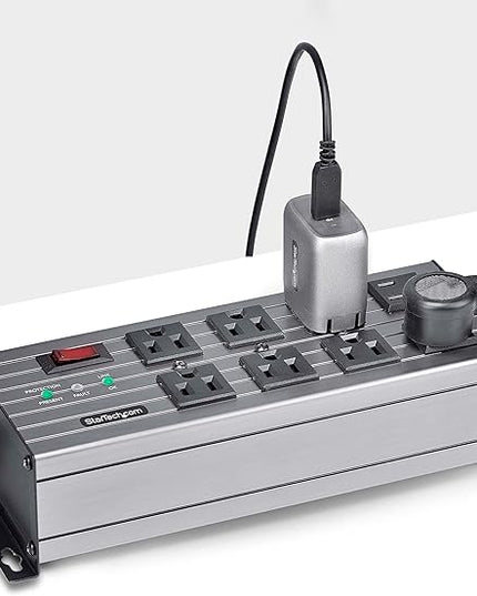 StarTech.com Flat Plug 8-Outlet Heavy Duty Industrial Power Strip 125V/15A with Surge Protector, EMI/RFI Isolation, Mountable PDU, 12ft/3.6m Extension Power Cord, NEMA 5-15P/R, TAA