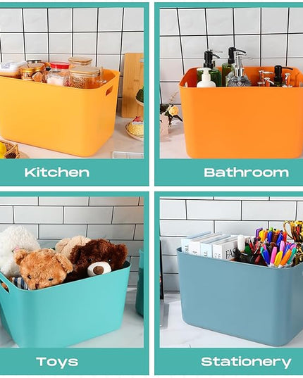 Hoolerry 8 Pieces Colorful Storage Bins with Lid, Plastic Storage Basket Organizing Container Stackable Box with Handle for Shelves Desktop Playroom Office(16.1 x 12.0 x 9.7 Inch,Multi-colored)