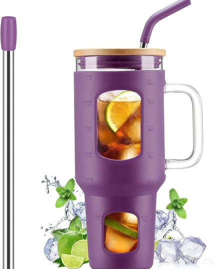 Glass Tumbler with Straw and Lid, 40 oz glass cup with handle, Glass Water Bottles with Time Marker, Silicone Protective Sleeve-Dark Purple