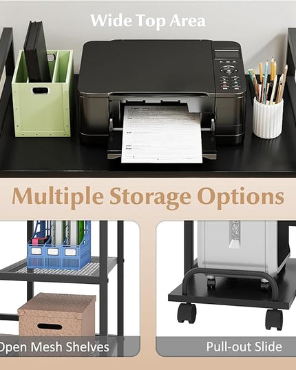 Giantex 3-Tier Printer Stand with Charging Station, 2 Open Storage Shelves, Side PC Stand on Wheels, 25" x 16" Mobile Printer Table for Computer Tower, Printer Shredder, Fax, Under Desk, Home Office