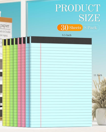 Zaviko 8 Pack Legal Pads 8.5 x 11, Notepads 8.5 x 11, Colored Note Pads 8.5x11 Writing Pads, Colored Legal Pads Wide Ruled, Lined Paper Pads 8.5x11, Double-Sided Pads of Paper, 30 Sheets/Pad