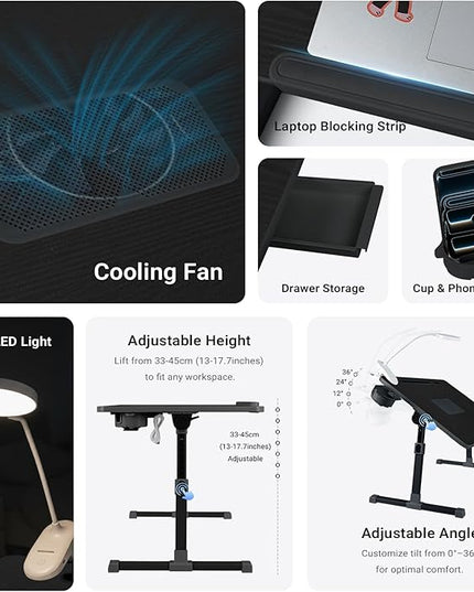 iXTRA Laptop Lap Desk with Cooling Fan - Adjustable Bed Desk with Light, Bed Table with Cup Holder&Phone Holder - Storage Drawer Desk - Folding Bed Desk,Black,70x45cm