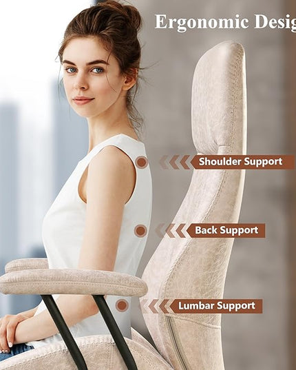 Mid Century Modren Office Chair,Computer Desk Swivel Task Chair with Wheels, High Back Ergonomic Executive Chair with Lumbar Support, Faux Lether Suede Fabric Home Chair (High Back, Beige)