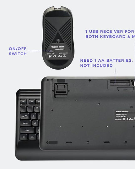 Wireless Keyboard and Mouse Set with Quiet Keys, 2.4G Full Size Ergonomic Keyboard with Wrist Rest, Protective Covers, Soft Touch Silent Design for Windows, Computer, PC and Laptop