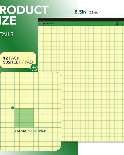 KAISA Graph Paper Legal Pads Writing Pads Recycled Paper 8.5"x11.75" Quad Ruled 4x4 Perforated 50 sheets/pad Grid Paper Yellow Notepads Writing Tablet For Office Supplies (Canary 6pad, 8.5x11.75'')