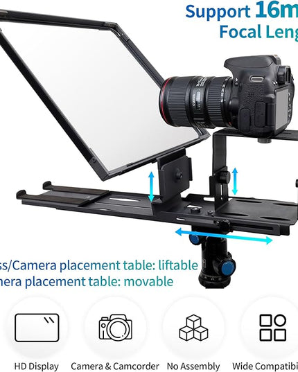 16-Inch Professional Teleprompter with Tempered Optical Glass, All-Metal Design, Remote Control & App Support, Works with Phones, Tablets, and Cameras